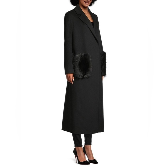 New Kobi Halperin Notched Collar Wool Blend Coat Fur Pockets Shearling Black XS - Picture 1 of 16
